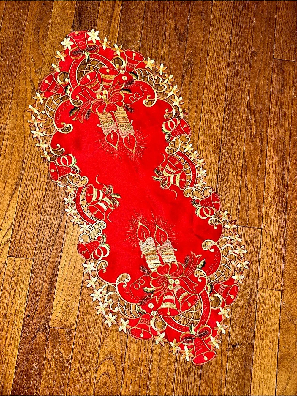 Embroidered Holiday Table Runner in Red & Gold Like New